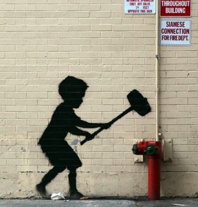 Famous Banksy's Hammer Boy in Upper West Side.